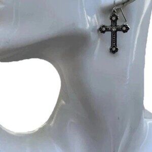 Vintage Cross Silver Tone Hook Religious Cross Dangle White Stone Earrings 1”